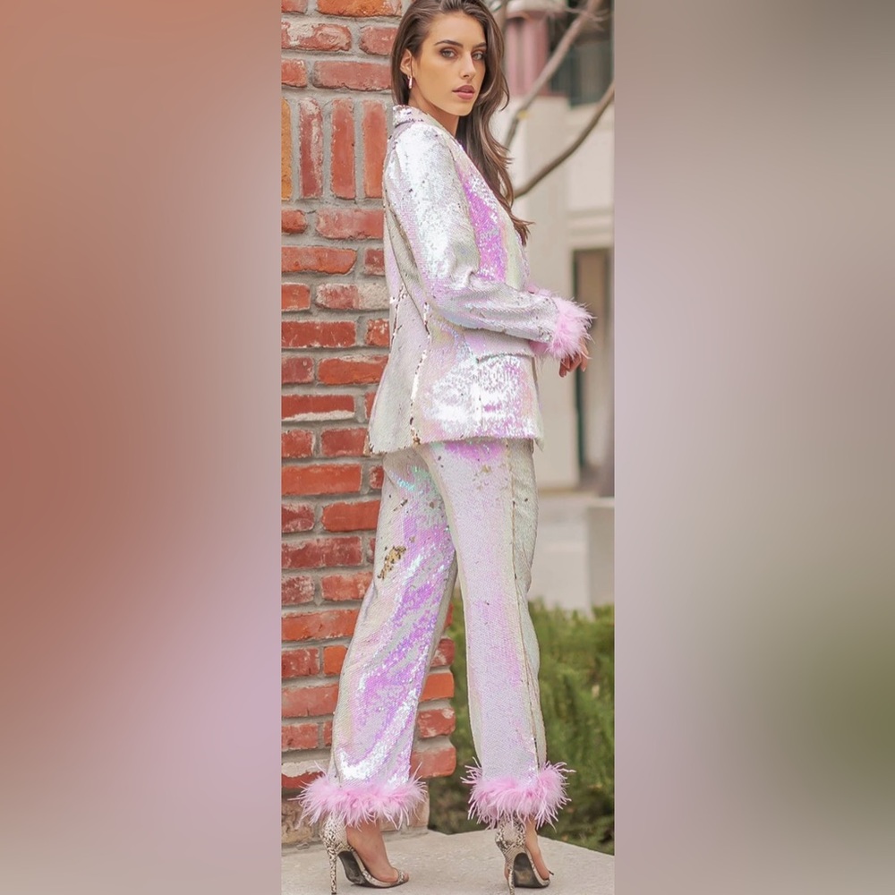 Women Sequin Pants with Pink Trim
